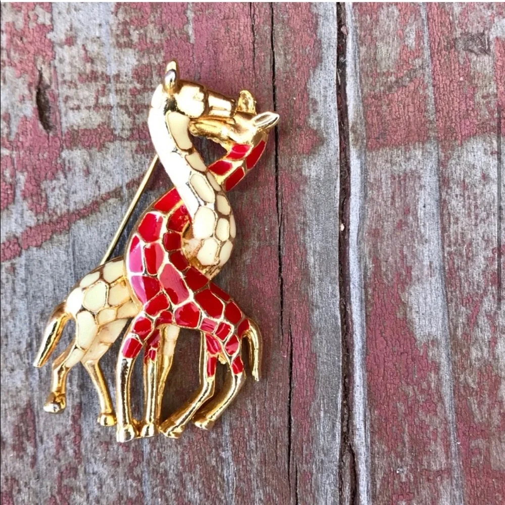 Vintage Gold Toned Enamel Entwined Giraffes Pin Brooch Orange Yellow